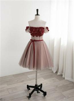 Picture of Pretty Red Color Tulle Beaded and Lace Short Party Dress, Off Shoulder Prom Dress